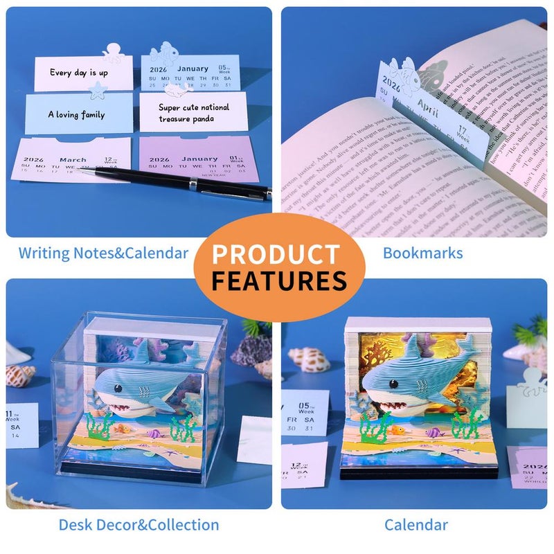3D Christmas 2026,3D Shark Ocean Underwater World Time Piece Calendar with LED Light,Sticky Note Pad Paper Carving Art Craftwork Desk Decor Gift for Birthdays Holidays Christmas - Image 5